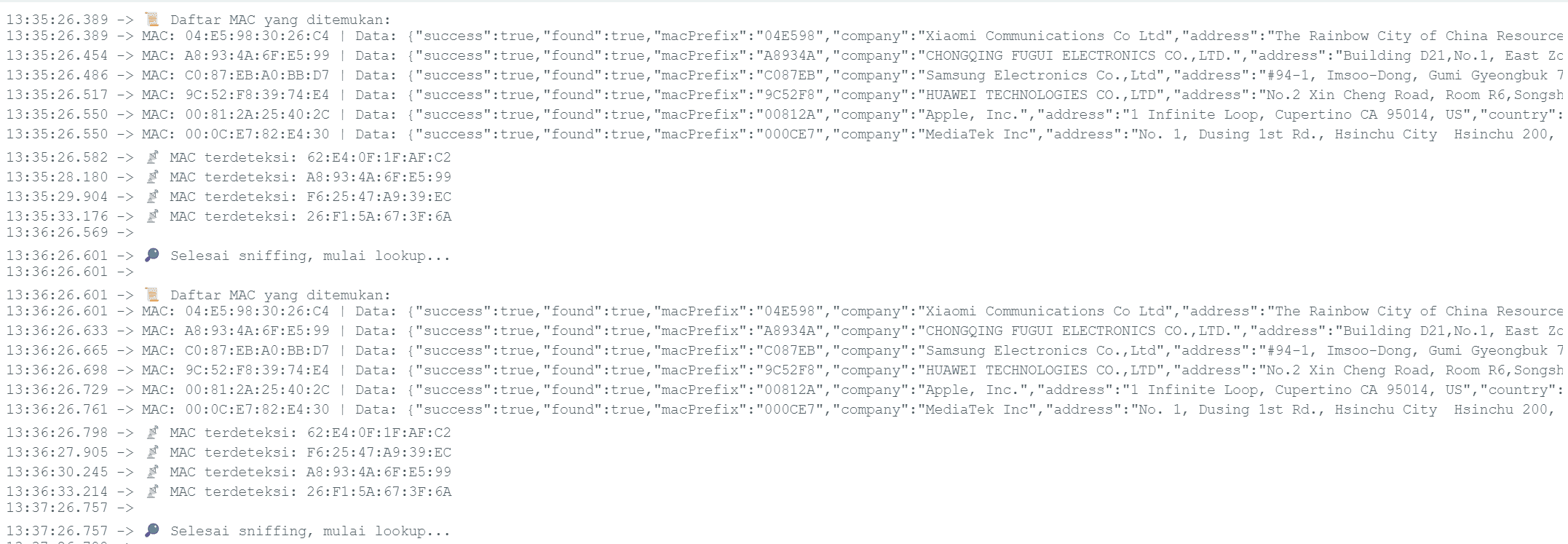 Serial Monitor showing sniffing, lookups, and resolved lines